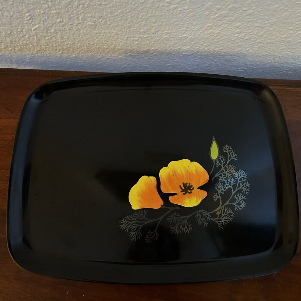 VTG MCM Couroc CA Poppy Flower Rect Tray Inlaid 12.5”x9.5” Orange Yellow Gold